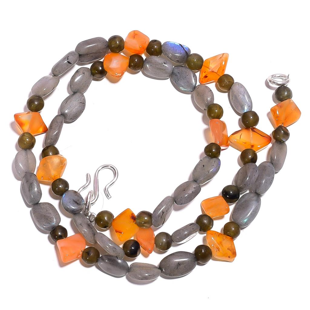 Natural Labradorite Carnelian Gemstone Smooth Beads Necklace 17" UB-5032 UB-5032