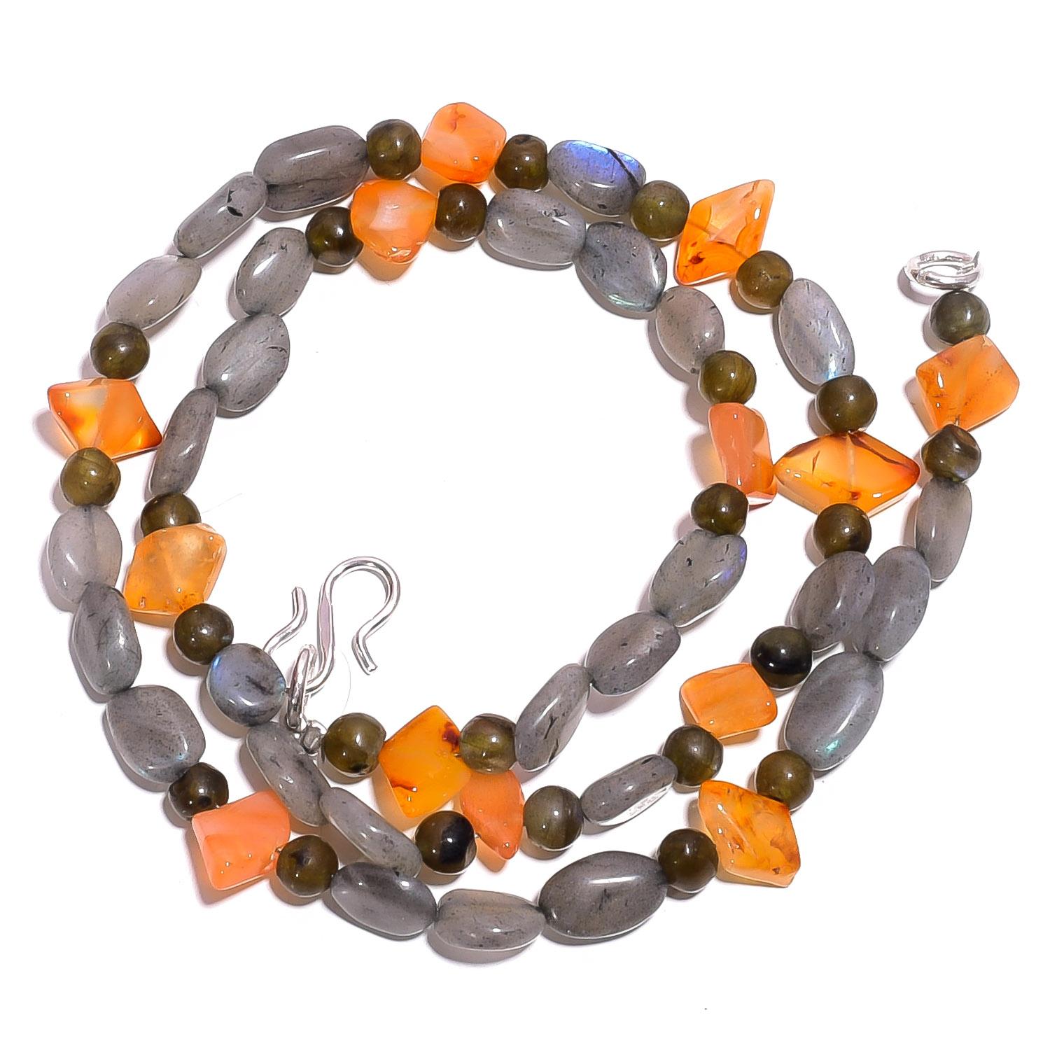 

Natural Labradorite Carnelian Gemstone Smooth Beads Necklace 17 UB-5032 UB-5032