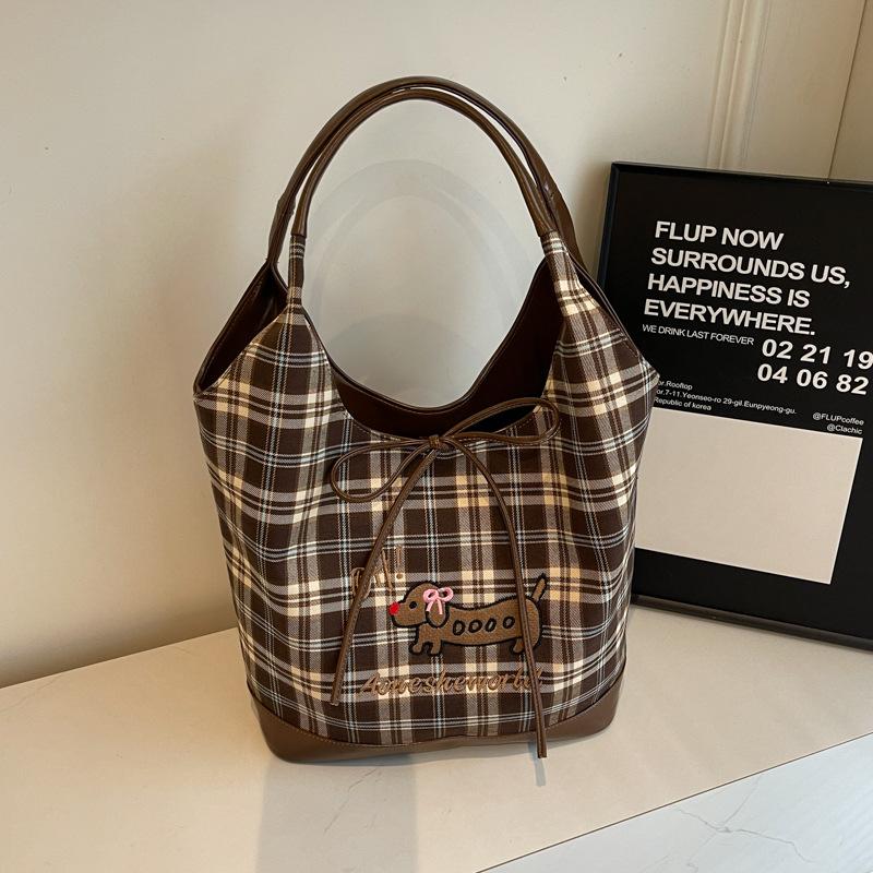 Large Capacity Women's New Cute Dachshund Dog Tote Bag Plaid Leisure Commuter Bag