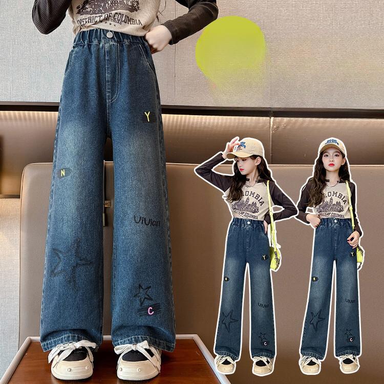 Girls' Jeans Wide Leg Pants Straight Leg Pants Loose Girls' Pants Children's Clothing Embroidered Pentagram Jeans Spring and Autumn Styles