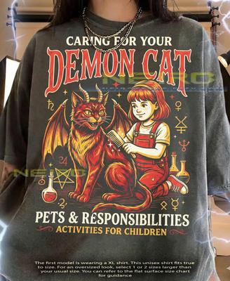 Caring For Your Demon Cat Pets & Responsibilities Comfort Colors® Tshirt, Activities For Children Vintage Goth Retro Funny Halloween Gift,