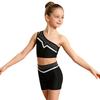 Kids Girls Gymnastics Dance Outfit One Shoulder Sleeveless Metallic Trim Shiny Rhinestones Crop Top with Elastic Waistband Shorts