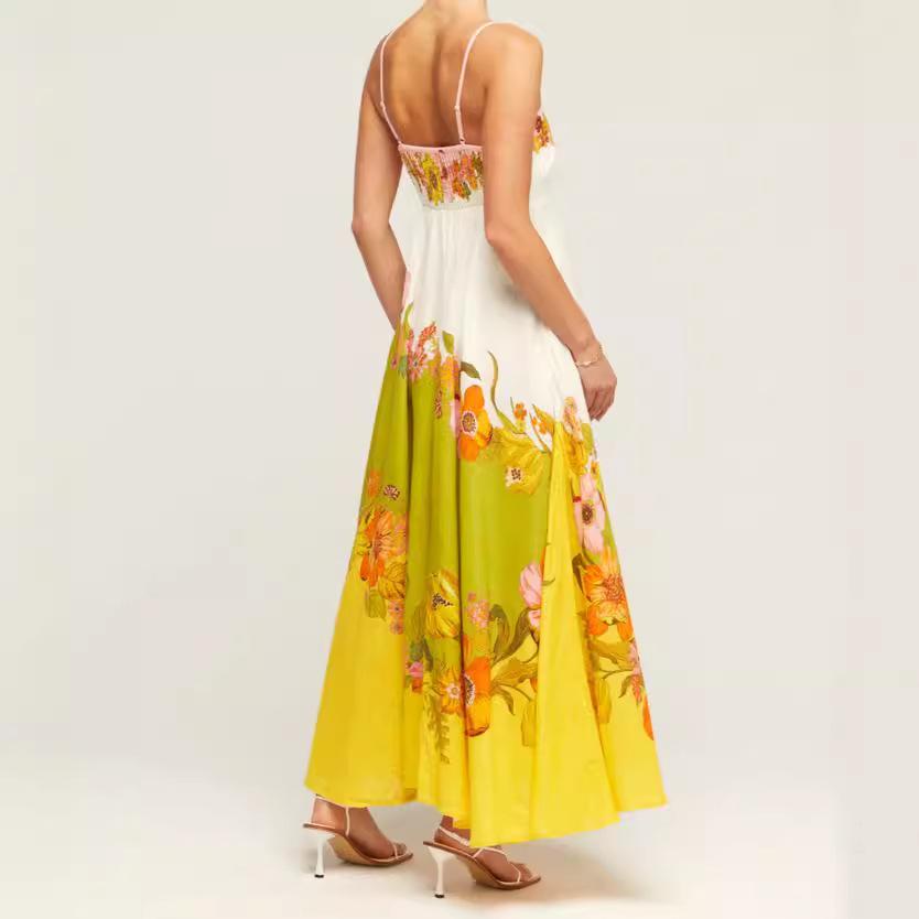 2025 nowa europejska i amerykańska seksowna bawełniana i lniana sukienka z nadrukiem na ramiączkach, pozycjonująca, wahadłowa, damska