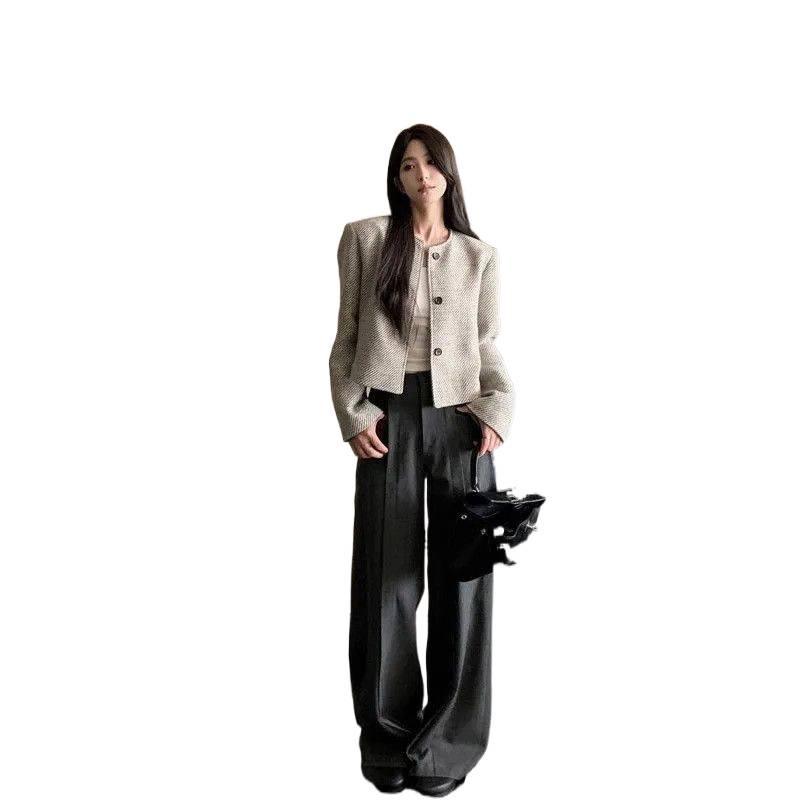 2025 Spring/Autumn French Style Retro Striped Jacket, Round Neck, Single-Breasted, Loose Fit.
