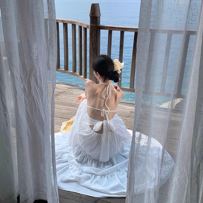 Seaside Vacation Style Design Sense Lace-up Beach Big Swing Skirt Summer New Niche Sweet Backless Neck Dress
