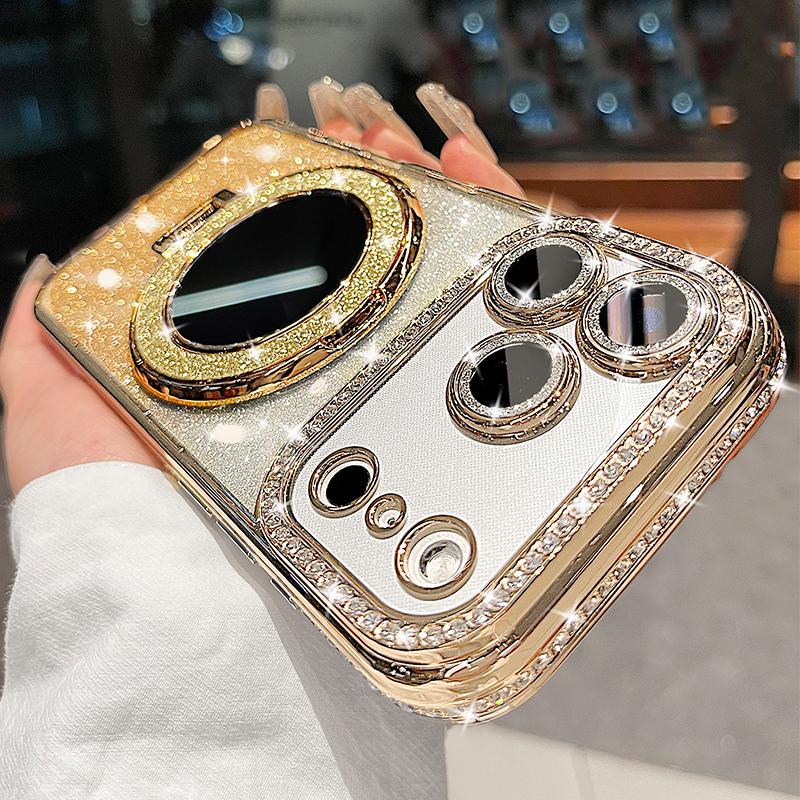 Luxury Diamond Clear Glitter For Magsafe Case For iPhone 17 16 15 14 13 12 11 Pro Max Air Mirror Magnetic Holder Stand Cover