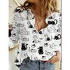 Fun Cat Print Lapel Long-sleeved Shirt with Black Cat All-over Print Pattern, Loose and Casual Fit, Versatile Top for Daily Commuting and Outings