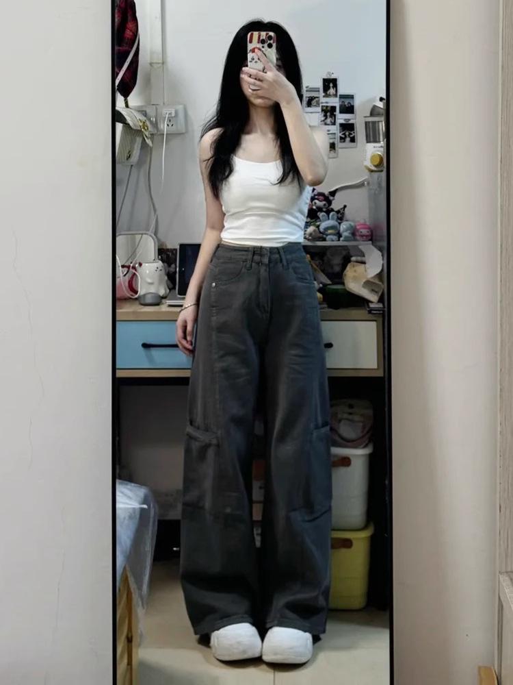 Women's High-Waist Gray Wide-Leg Jeans - Summer Retro Slimming Straight-Leg Pants