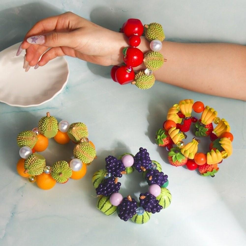 Colorful 3D Fruit Elastic Bangle Resin Exaggerated Bracelet Unique Beaded Bracelet  Women