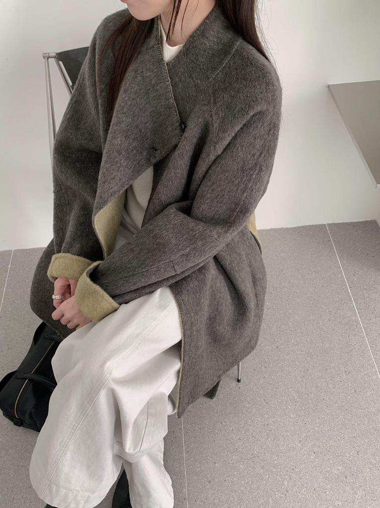 Fairy Tale Autumn/Winter Korean Style Lace-up Waist Cinching Color-block Stand Collar Double-sided Wool Coat for Women