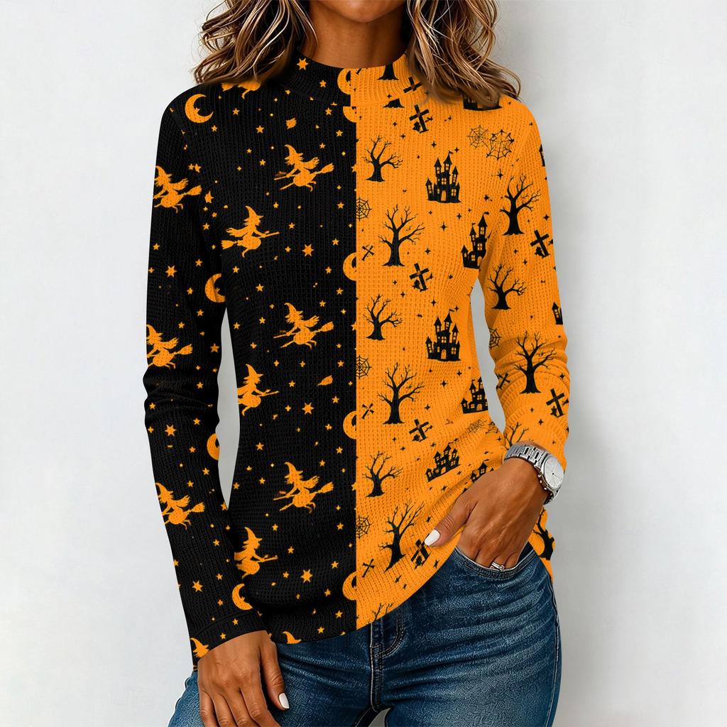 Damen Halloween Langarm T-Shirt Strick Lässig Rundhals Pullover Top
