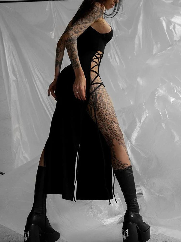 Goth Dark Cosplay High Split Sexy Bandage Women Dresses Gothic Halter Slim Midi Dress Black Grunge Style Alt Partywear