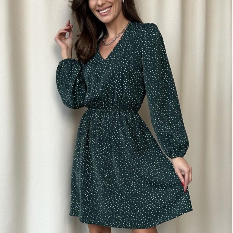 Fashion V-neck Long Sleeve Polka Dot Casual Dress for Women Summer New High Waist A Line Women's Dresses Vintage Slim Fit Sexy Party Short Dress 26268