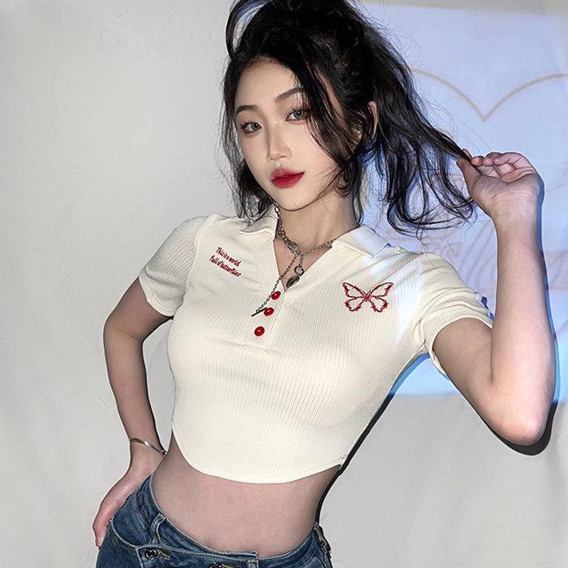 

American Sweet & Spicy A-Line Shoulder Pad T-Shirt: Chic Slimming Women s Short Top Unique Design 2XL [Recommended: 120-130 lbs]