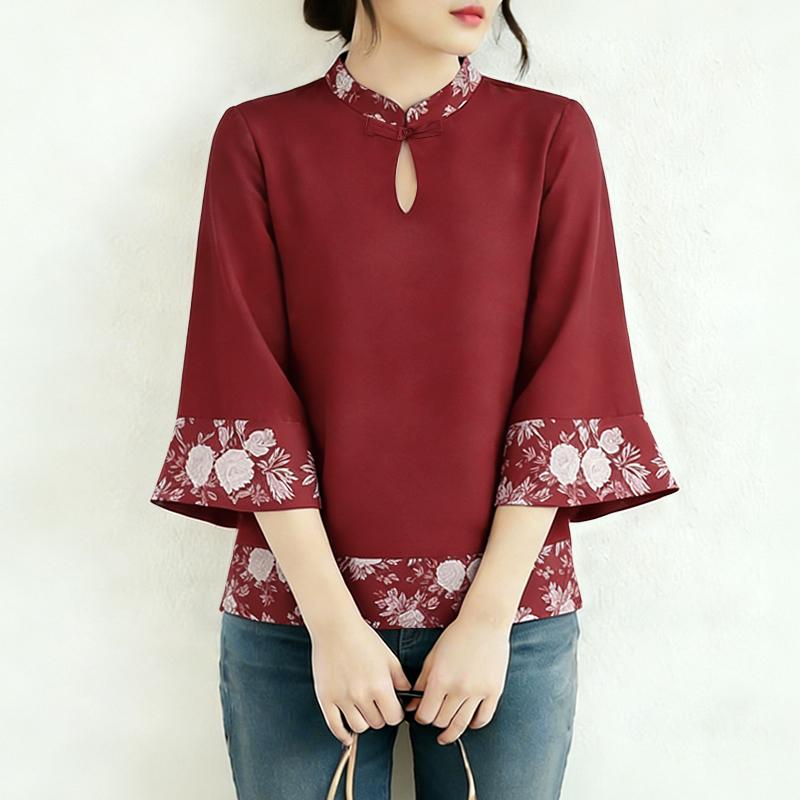 ZANZEA Women Casual Stand Collar Summer Floral Splice 3/4 Sleeve Blouse