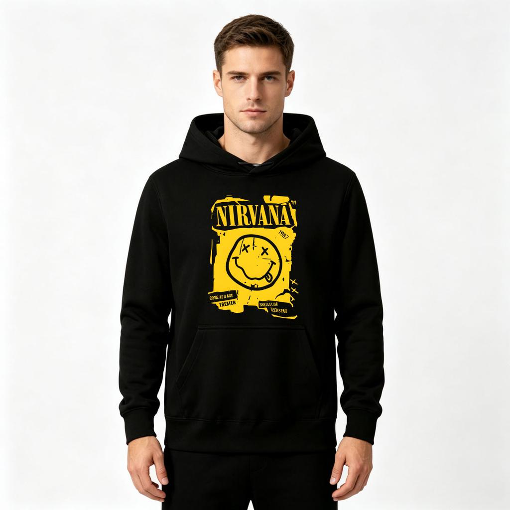 Men Vintage 90s Music Graphic Print Pullover Hoodie Casual Long Sleeve Loose Hooded Sweatshirt