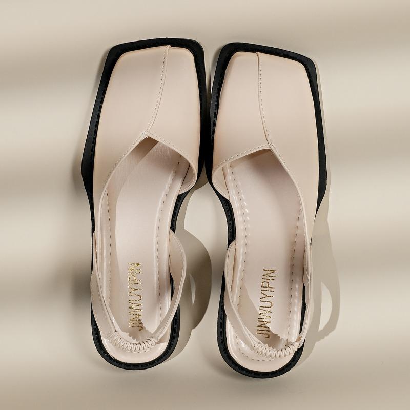 Fashion French Baotou Sandals Women's Summer Flat New Back Empty Vintage Square Toe Shallow Mouth Plus Size Single Shoes