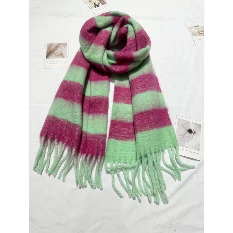 New Style Mohair Striped Colorful Scarf for Women in Winter Korean Style Thickened and Warm with Plush Scarf for Men