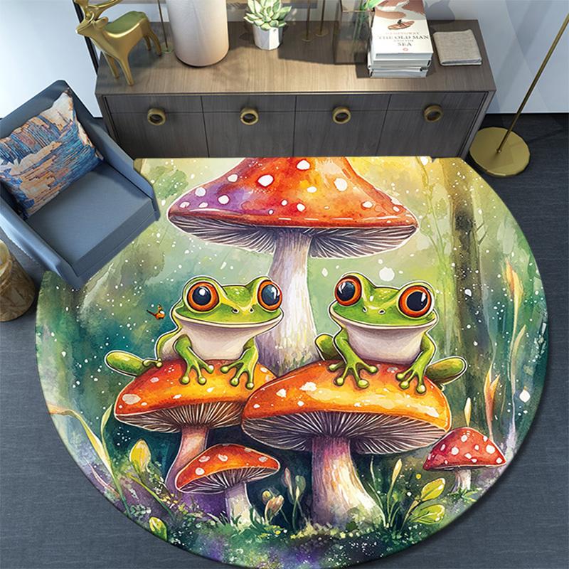 Frog Toad Mushroom Round Area Rug,Carpet Rug for Living Room Bedroom Sofa Playroom Decor,Non-slip Floor Mat