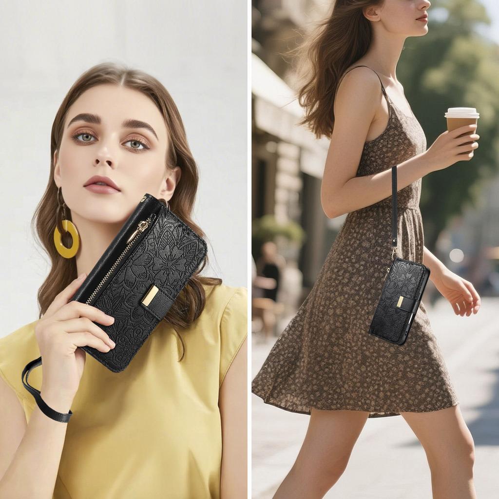 Floral Leather Wallet Case for iPhone 12-17 series.Vintage All-in-One Card Holder w/Stand, Magnetic Closure & Wrist Strap