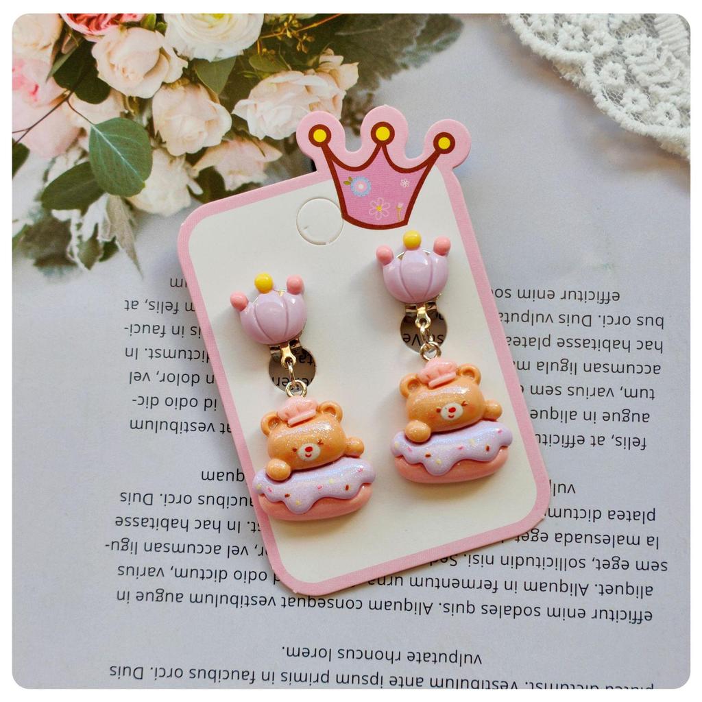Children's Cartoon Colorful Crown & Animal Ear Clip Earrings