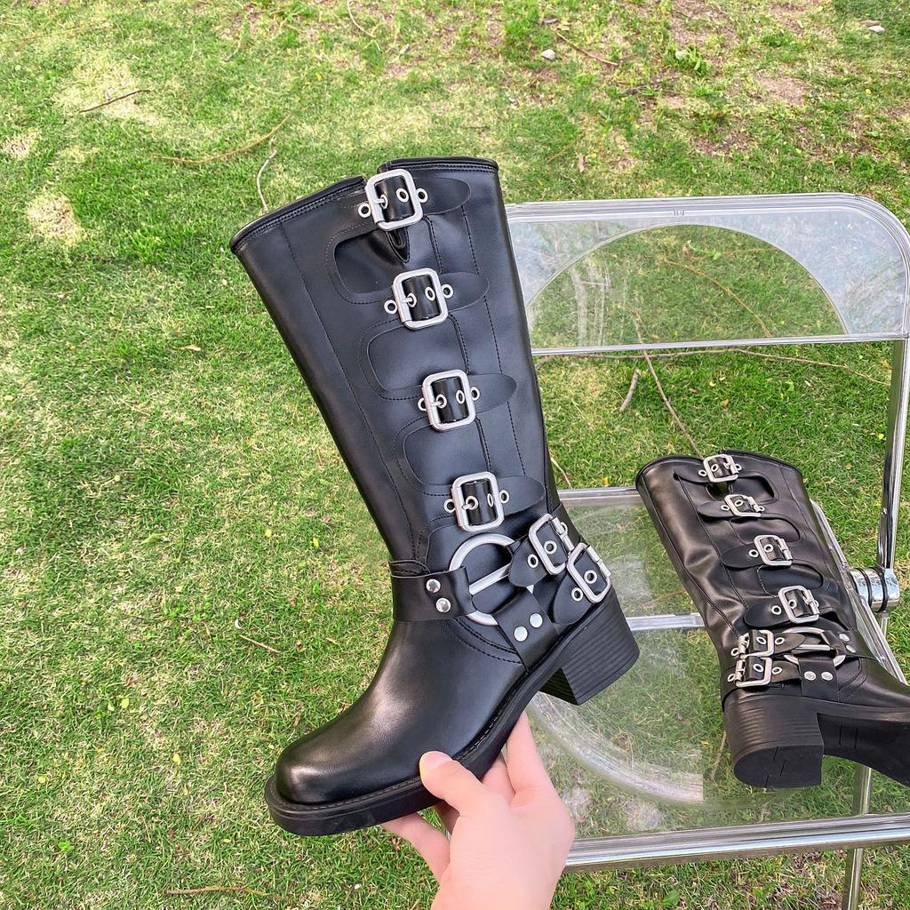 Belt buckle high boots fashion boots women's boots new long boots thick heel western boots heightening leather boots