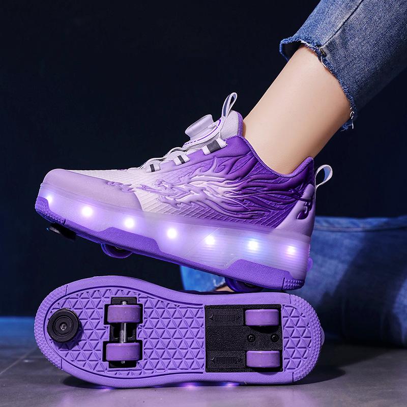 Children's Roller Skates Removable Flat Charging LED Four Wheels Glowing Sports Shoes Pink Women's Glowing Sneakers