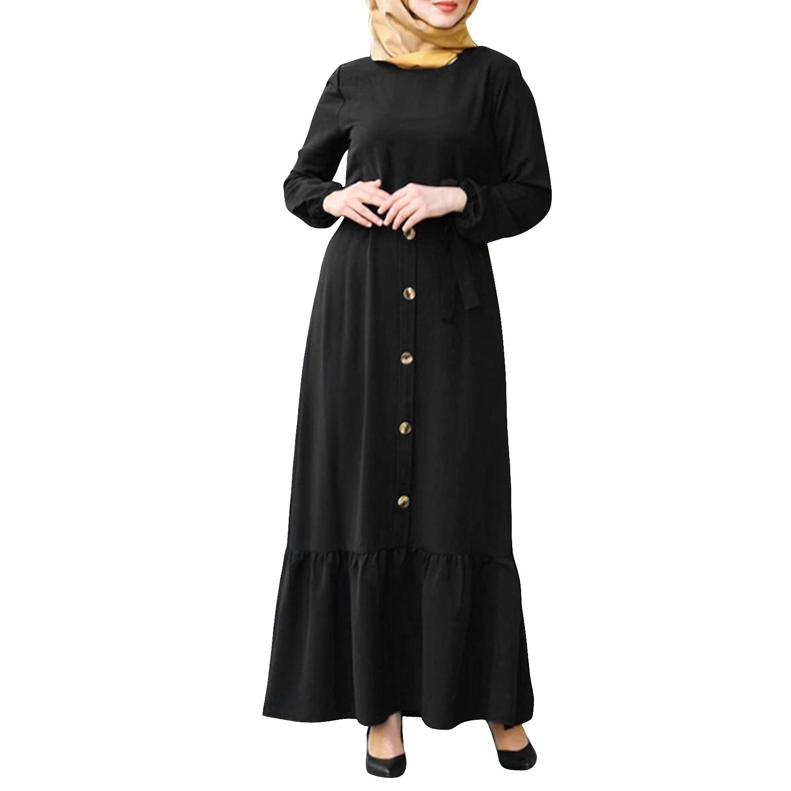 

Muslim Women s Round Collar Pullover Shirt Belt Button Embellished Casual Vintage Dresses S чорний