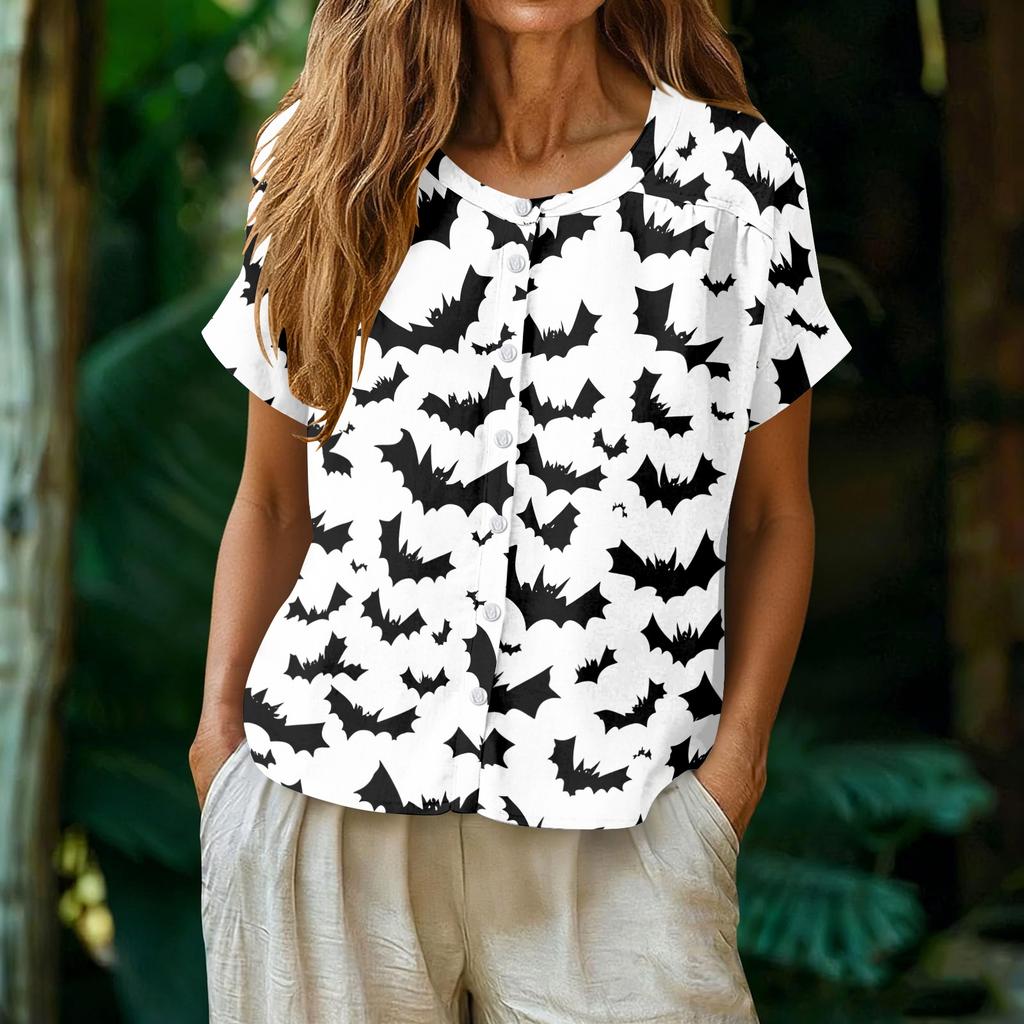 Women's Fashion Henley Neck Single Breasted Halloween Print Shirt Short Sleeve Casual Blouse Lightweight Button Down Top