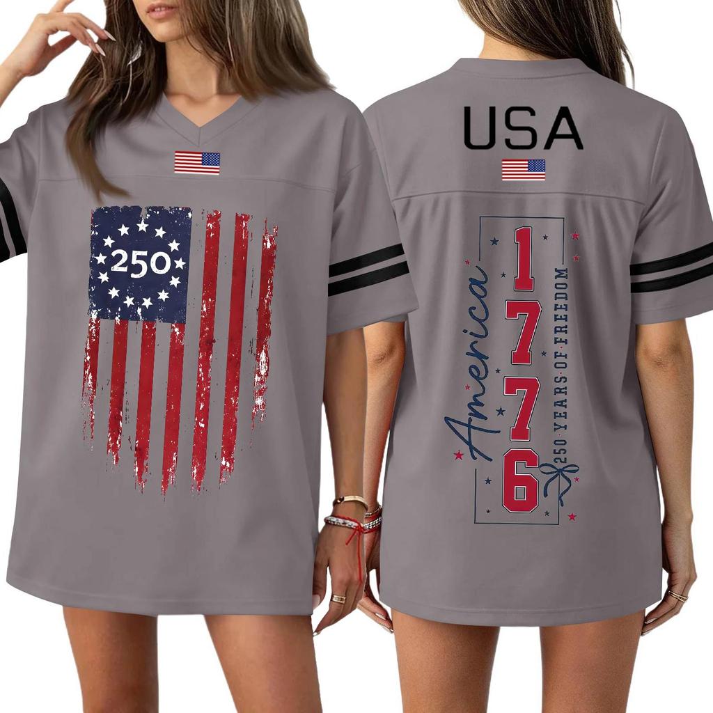 Women's Casual Fashion V-Neck Sports Independence Day Print Short Sleeve Sports T-Shirt Top
