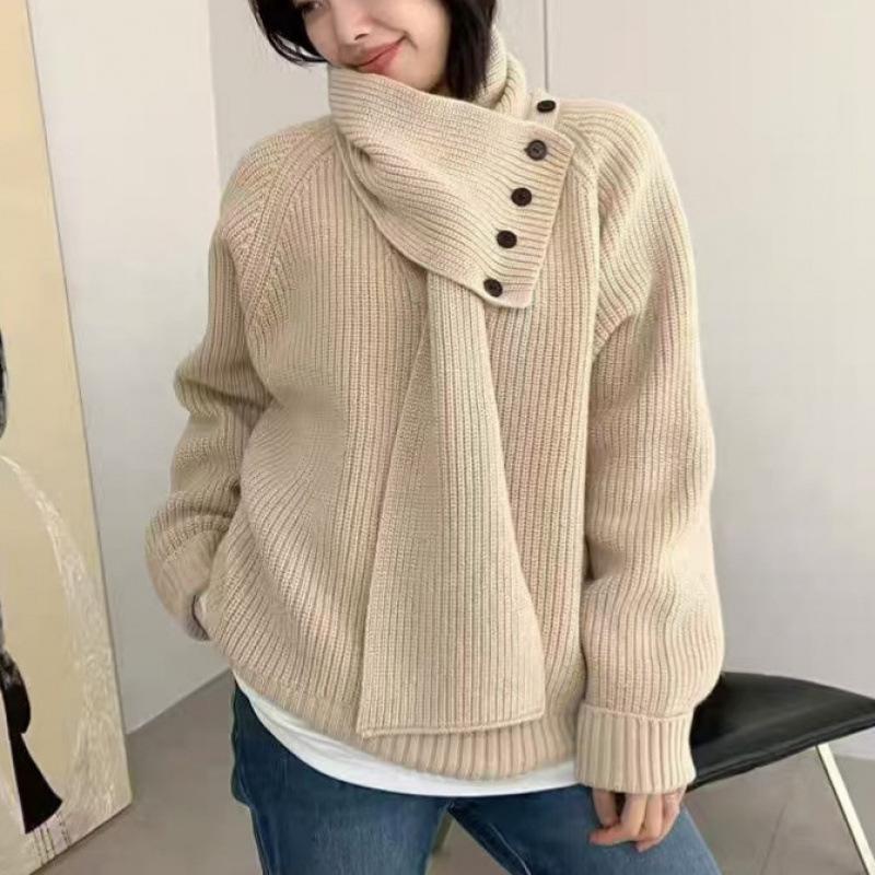 2024 Women's Korean Style Long Sleeve Scarf Collar Knit Sweater