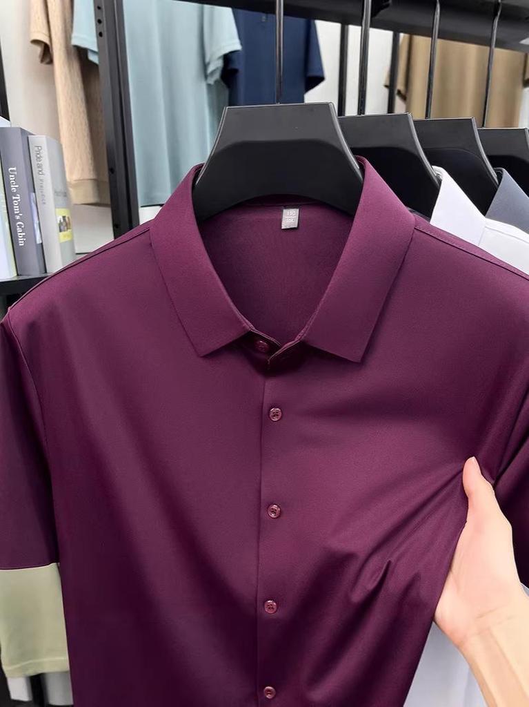 Pánská letní bezešvá košile s krátkým rukávem z ledového hedvábí - Prodyšná, jednobarevná, Business Casual, s krátkým rukávem.