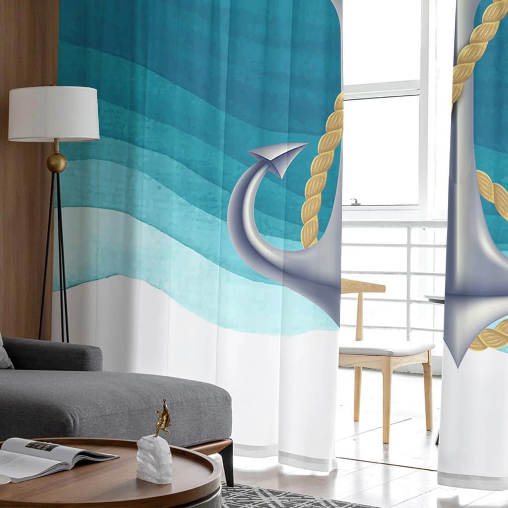 Ocean Gradient Anchor Teal Sheer Curtains For Living Room Bedroom Tulle Curtain For Kitchen Voile Curtain Blind Panels