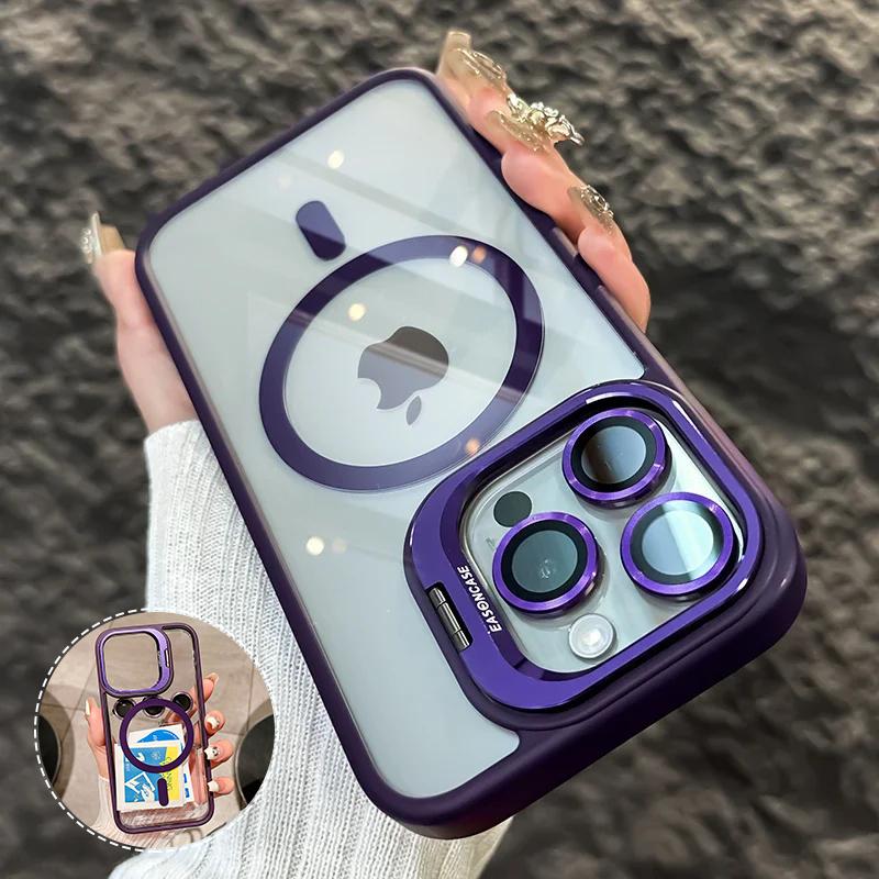 Magnetic Metal Lens Protector Stand Holder Case For iPhone 15 12 13 14 11 Pro Max Plus For Magsafe with Glass Lens Clear Cover