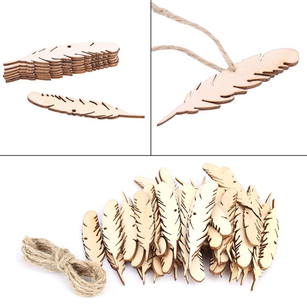 

50pcs Unfinished Wood Wooden Craft Tags Blank Wood Slices Wood Feather Cutouts Christmas Trees
