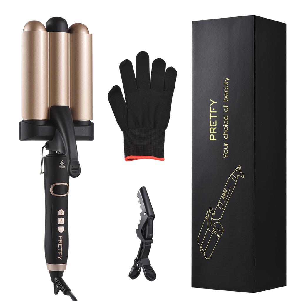 Pretfy Hair Curling Iron 3-Barrel 32mm Hair Waver Hair Curler Temperature LCD Temp Display Hair Styling Tool