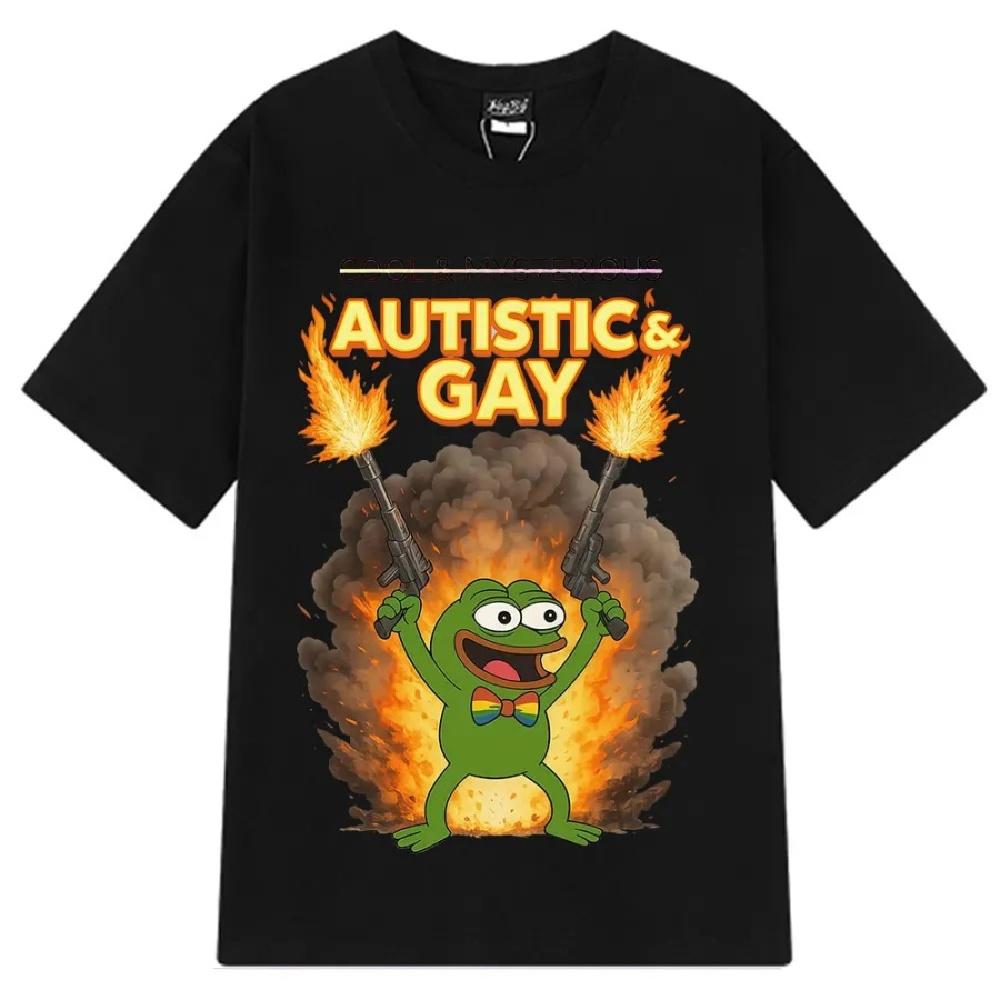 

Autistic and Gay Frog Explosion Meme Funny TShirt Short-sleeved Cotton Loose Casual T-shirt Oversized Man Woman Fashion T-shirts L чорний