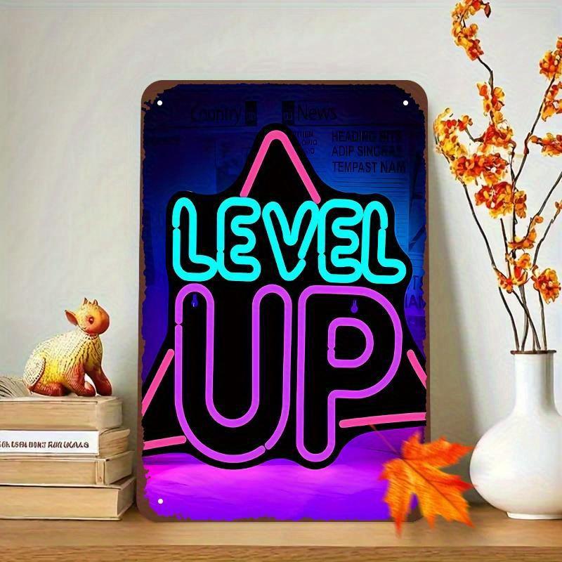 

LEVEL UP Metal Sign Neon Retro Gaming Wall Decor Durable Iron with Polished Finish Easy to Mount MultiColor R 20x30cm（7.8x11.8inch）