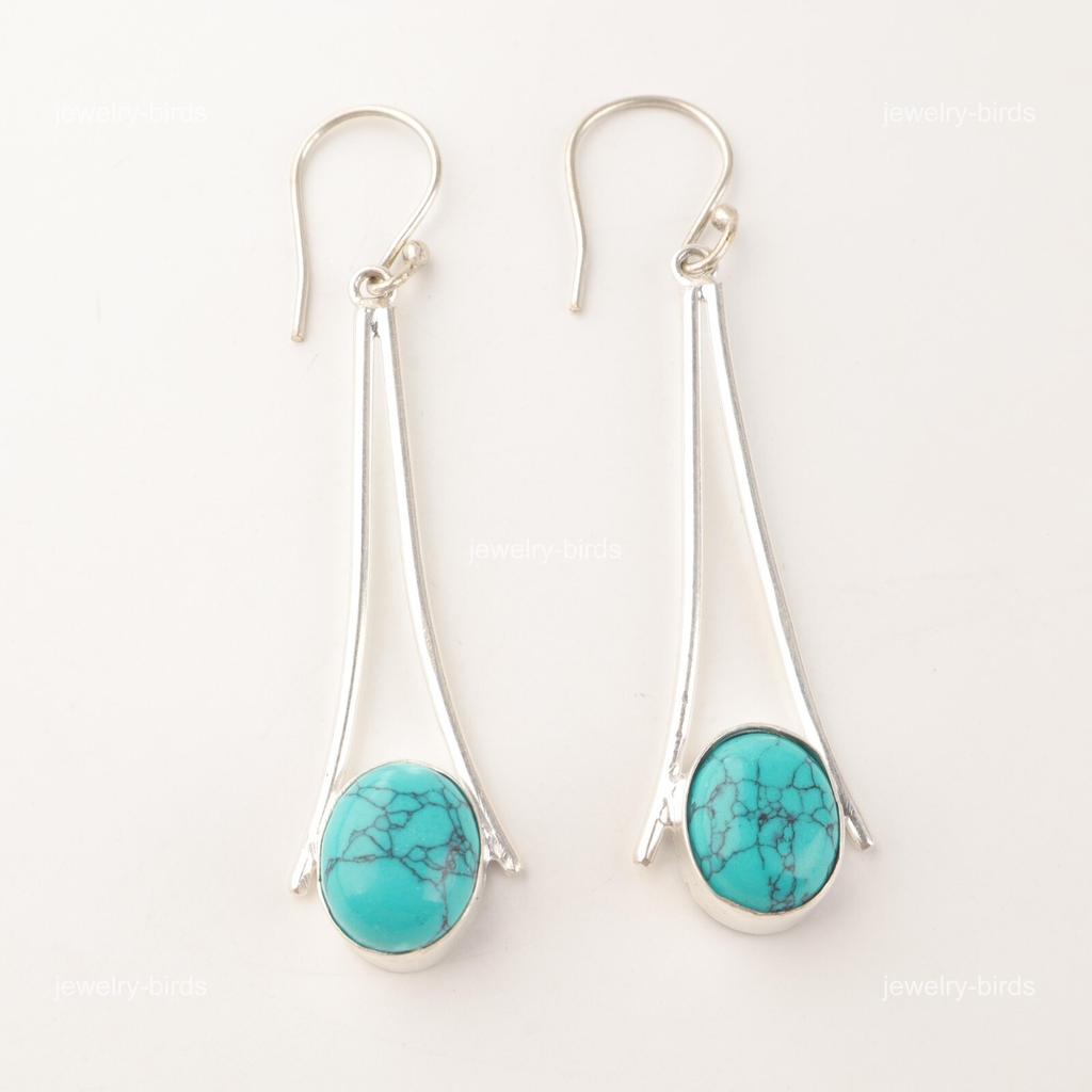 Oval Blue Turquoise Stone Hook Drop Dangle Earrings Jewelry 925 Sterling Silver EE-136-33