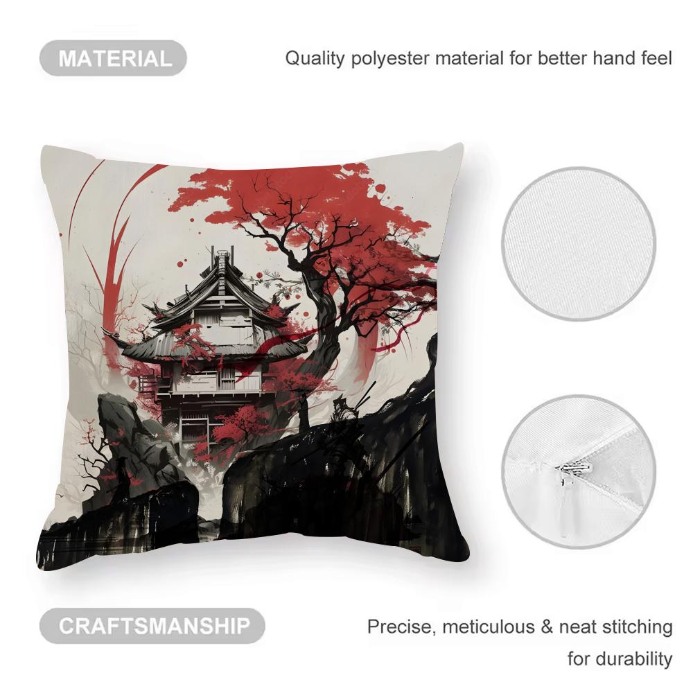 Chinese Ink Painting Style Cushion Cover Anti-dustmite Pillowcase Invisible Zipper Silky Short Plush Sofa Cushion Cover
