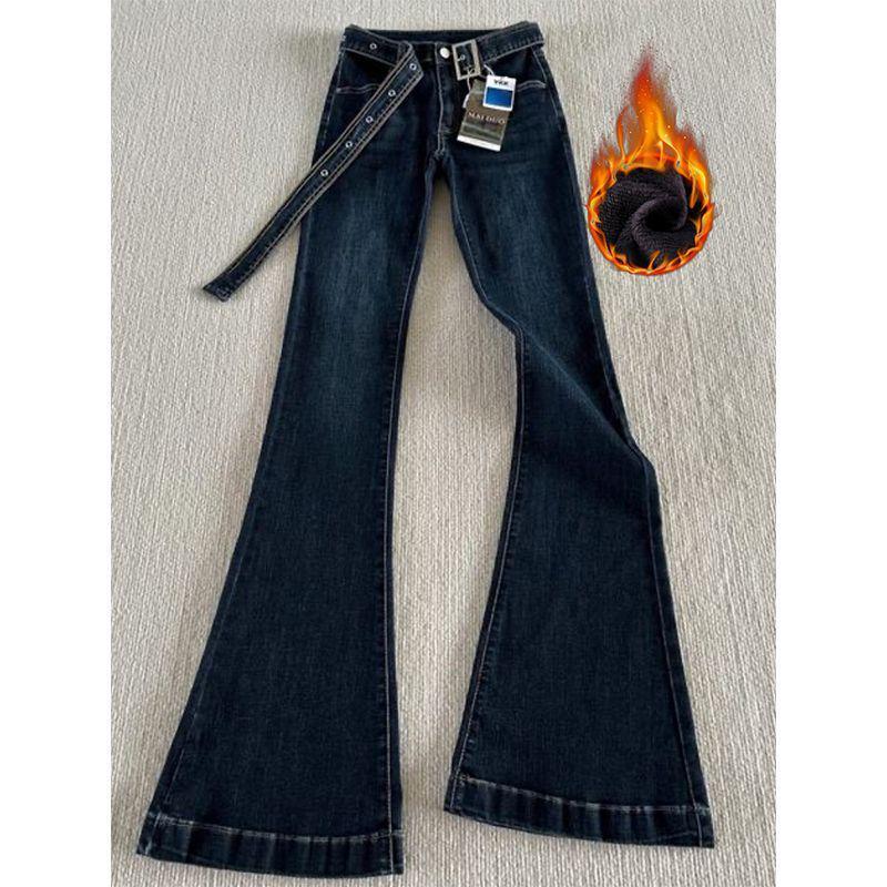 Women's American Retro Low-Rise Micro-Flare Jeans with Fleece Lining - Thickened Slimming Fit, Straight Cigarette Leg, Trendy Long Pants.