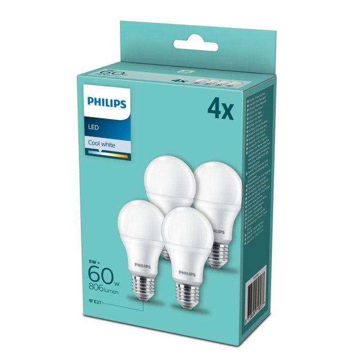 Ampoule LED Philips A60 E27 8W 4000K 806Lm 230V - 4-Pack - Blanc froid