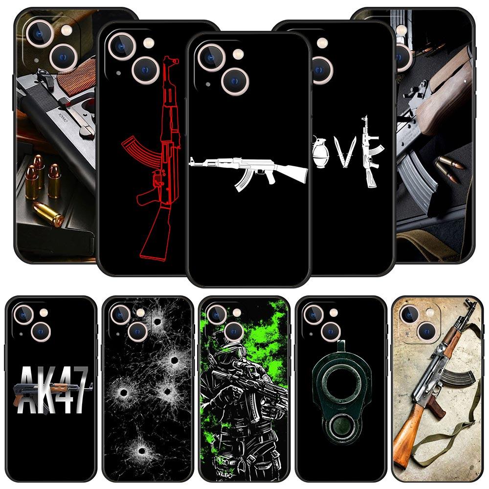 AK47 Handgun Gun BUllets Phone Case For Apple iPhone 11 15 14 Pro MAX 12 13 7 8 Plus X XR XS MAX SE Silicone Black Cover Funda
