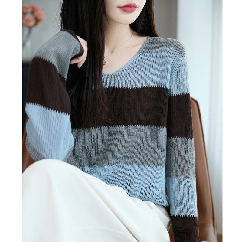 Women's V-Neck Striped Knit Sweater - Long Sleeve, Slimming, Loose Fit for Autumn