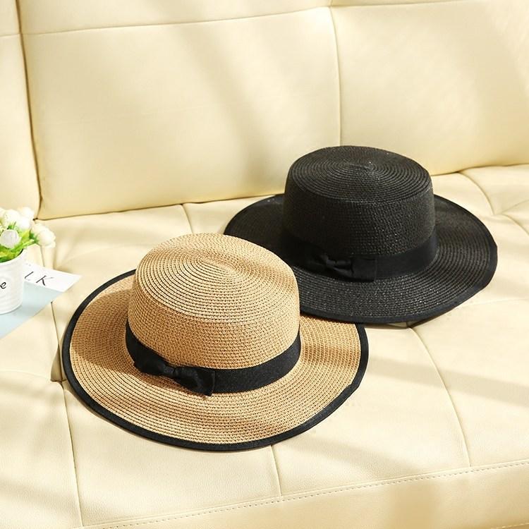 Flat Top White Straw Hat Female British Beach Hat Sunscreen Versatile Hemming Top Hat Seaside Travel Vacation Hat Travel