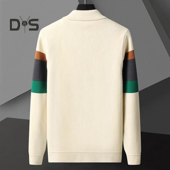 Fall Winter Men Cardigan Sweater Coloblock Turn-down Collar Coat Long Sleeves Pockets Single-breasted Knitted Elastic Jacket
