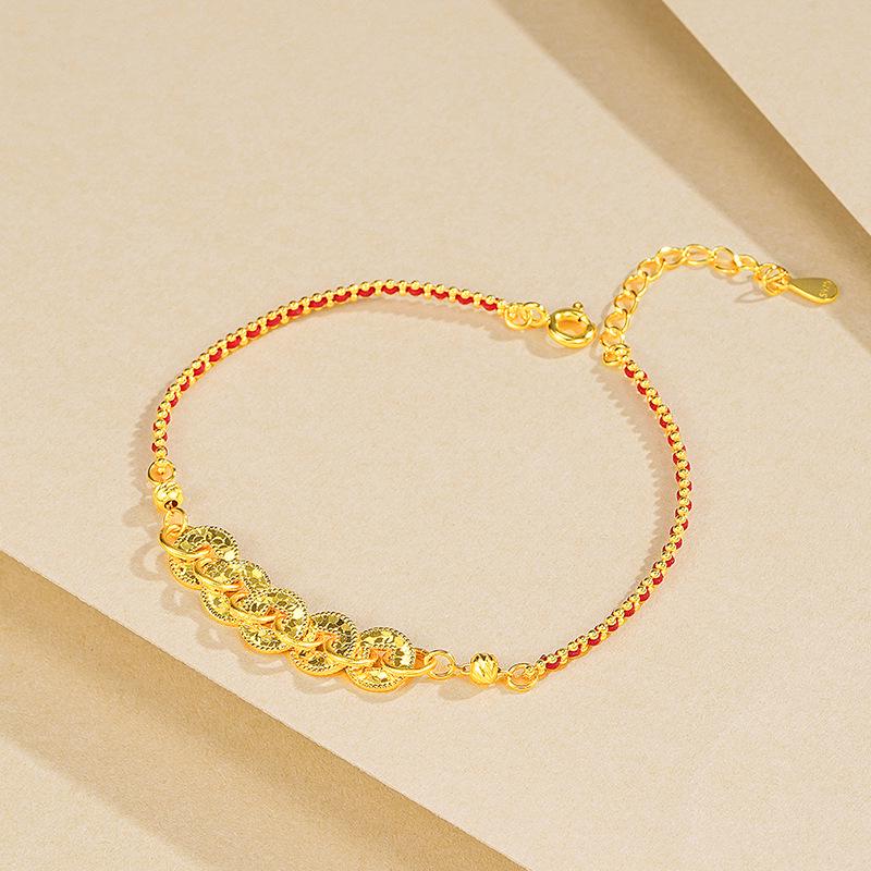 Exquisite Women's Red String Bracelet with Gold Crushed Ice Beads and Five Emperors Coins – Versatile and Stylish.