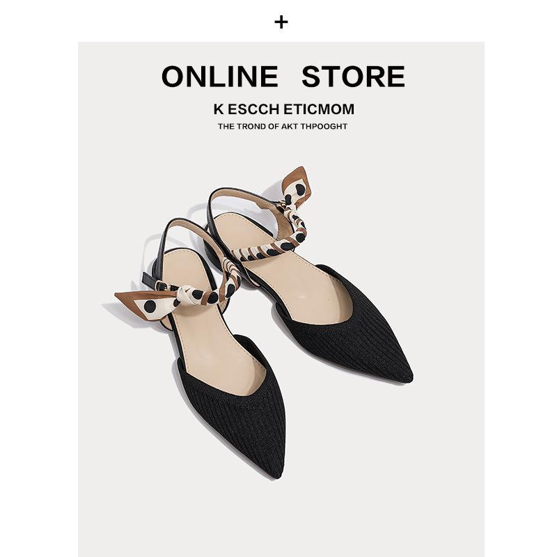 Baotou sandals women's summer thick heel elegant ribbon pointed flying shoes knitted one-word belt high heels