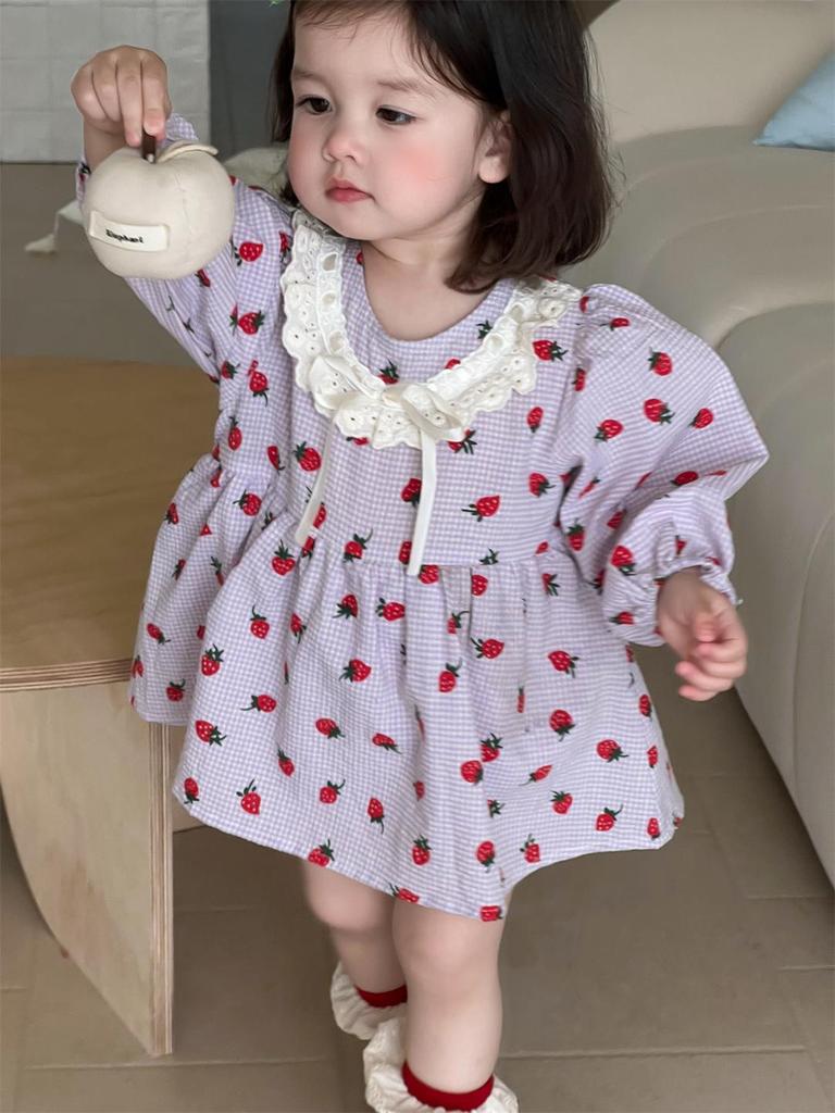 Korean Style Lace Romper Dress for Girls - Autumn Strawberry Princess Dress