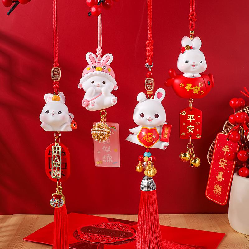 2024 New Year Rabbit Car Pendant Car Mirror Cute Rabbit Decoration Ornament Hanging Valentine's Day Gift Automotive Interior
